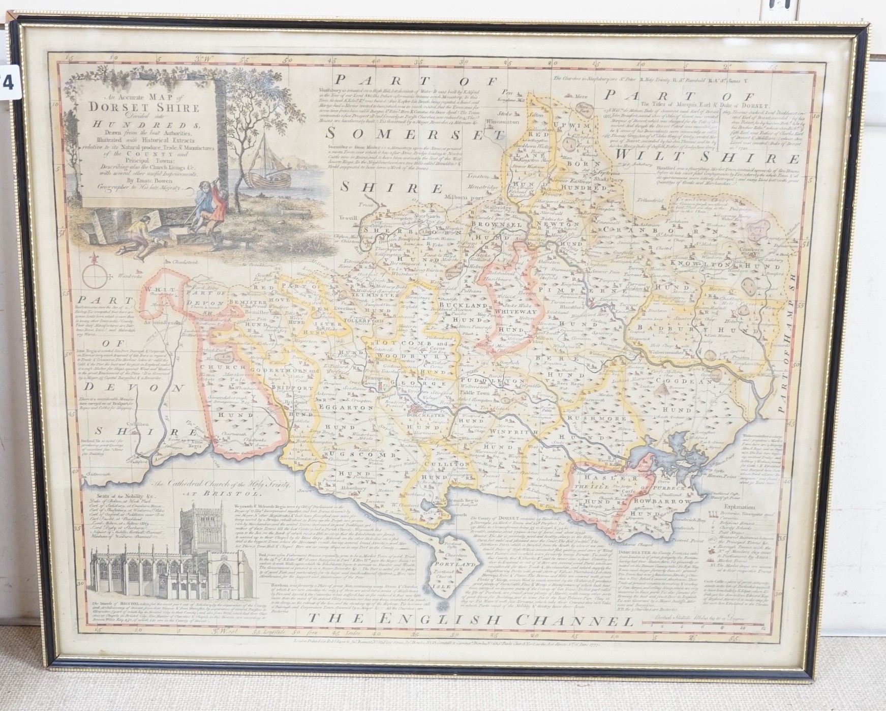 Emmanuel Bowen, coloured engraving, Map, of Dorsetshire 1777, overall 44 x 53cm